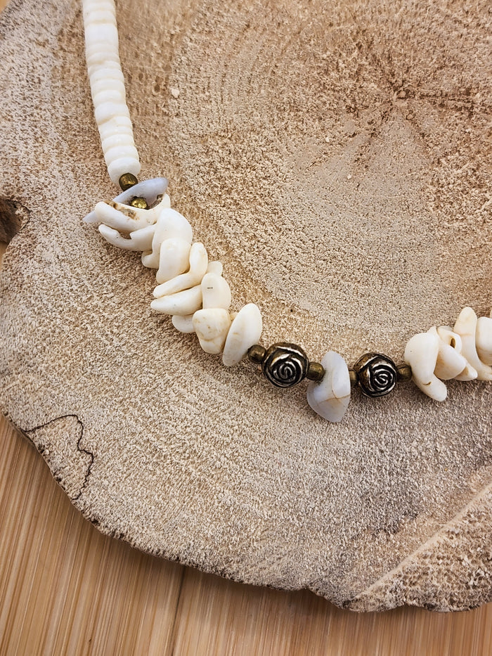 17in Boho White Shell Beaded Necklace with Rose Accent