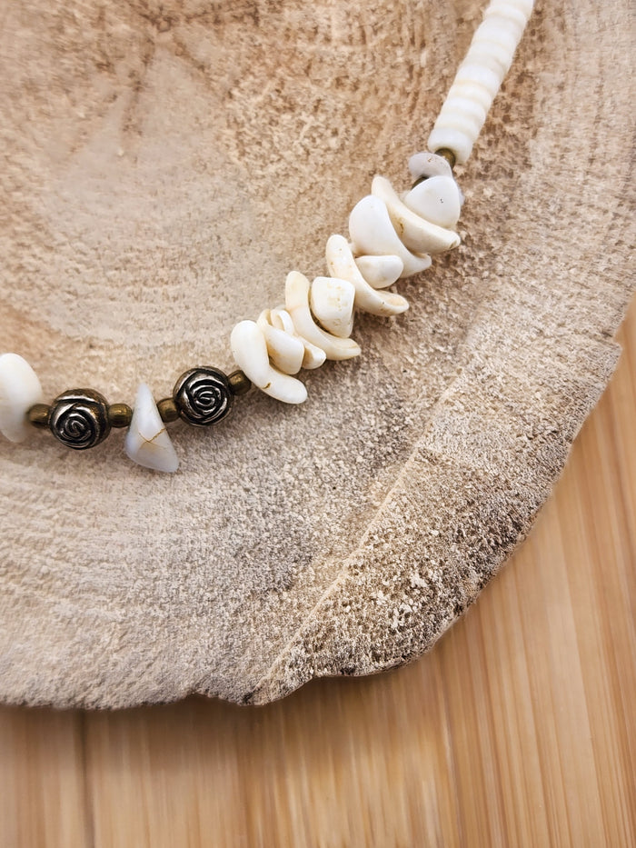 17in Boho White Shell Beaded Necklace with Rose Accent