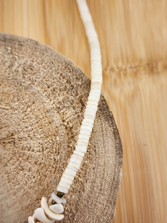17in Boho White Shell Beaded Necklace with Rose Accent