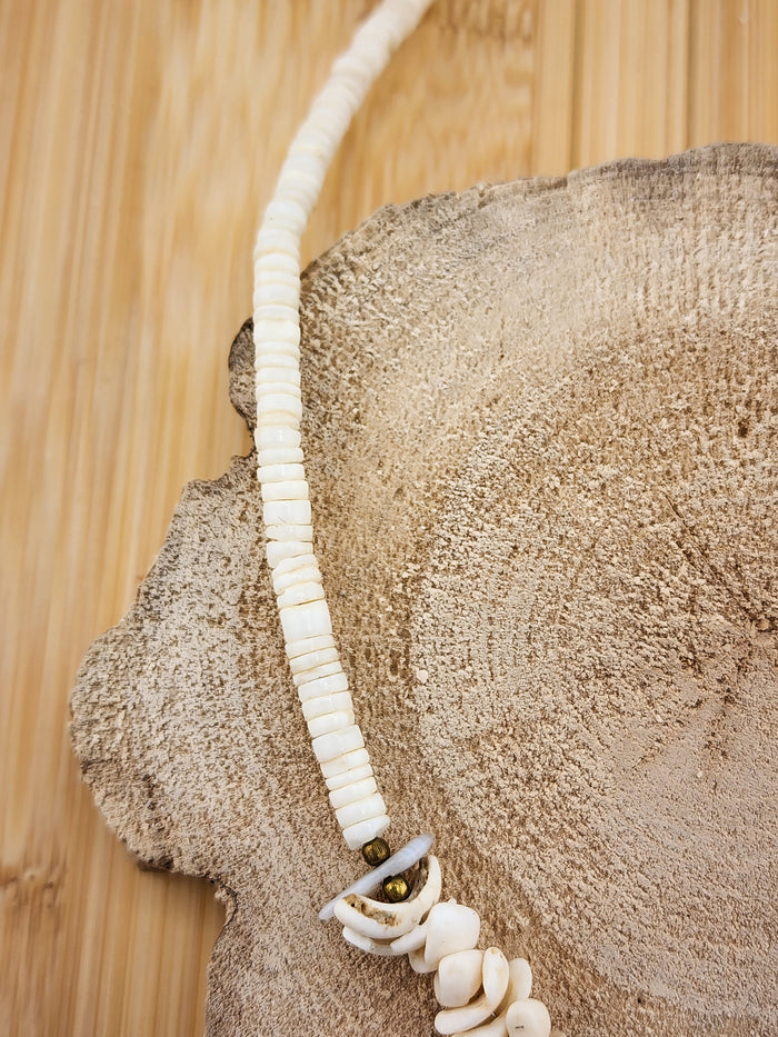 17in Boho White Shell Beaded Necklace with Rose Accent