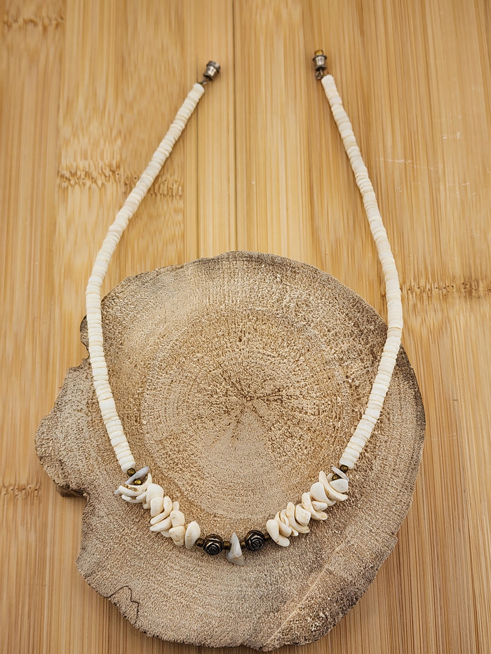 17in Boho White Shell Beaded Necklace with Rose Accent