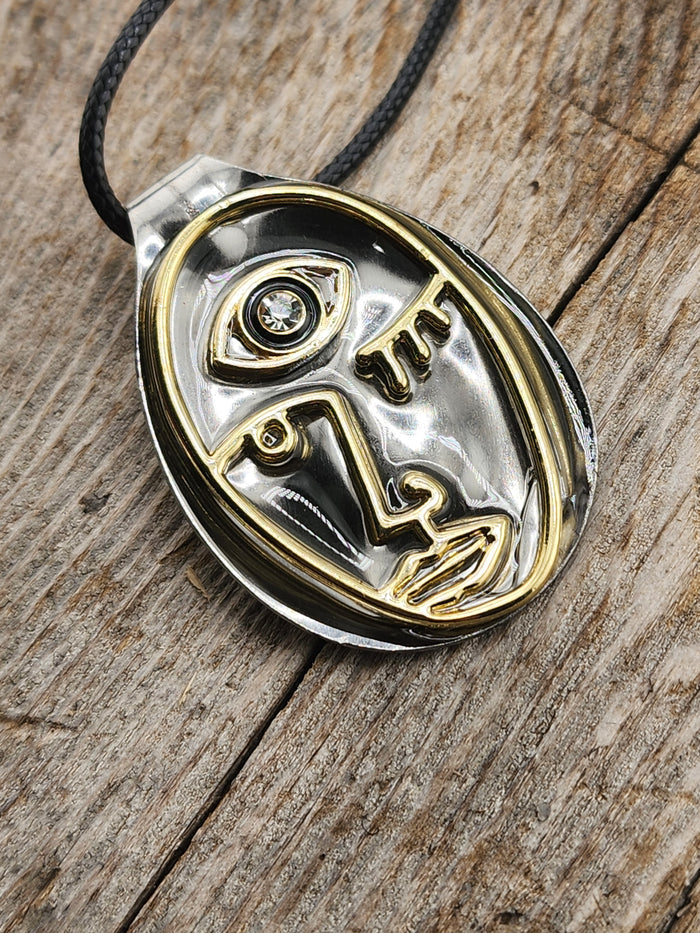 18in Adjustable Abstract Face Pendant Necklace in Silver and Gold Tone