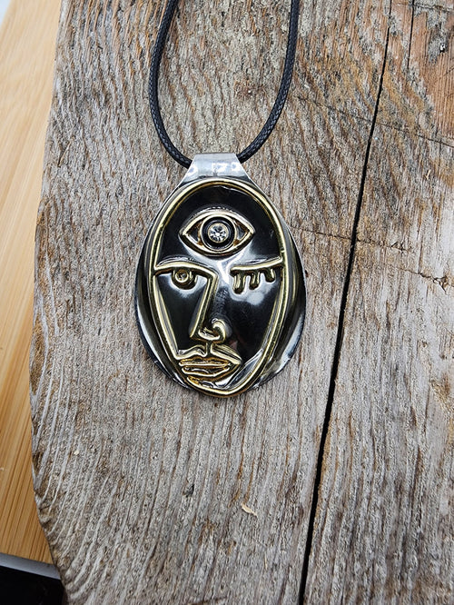 18in Adjustable Abstract Face Pendant Necklace in Silver and Gold Tone