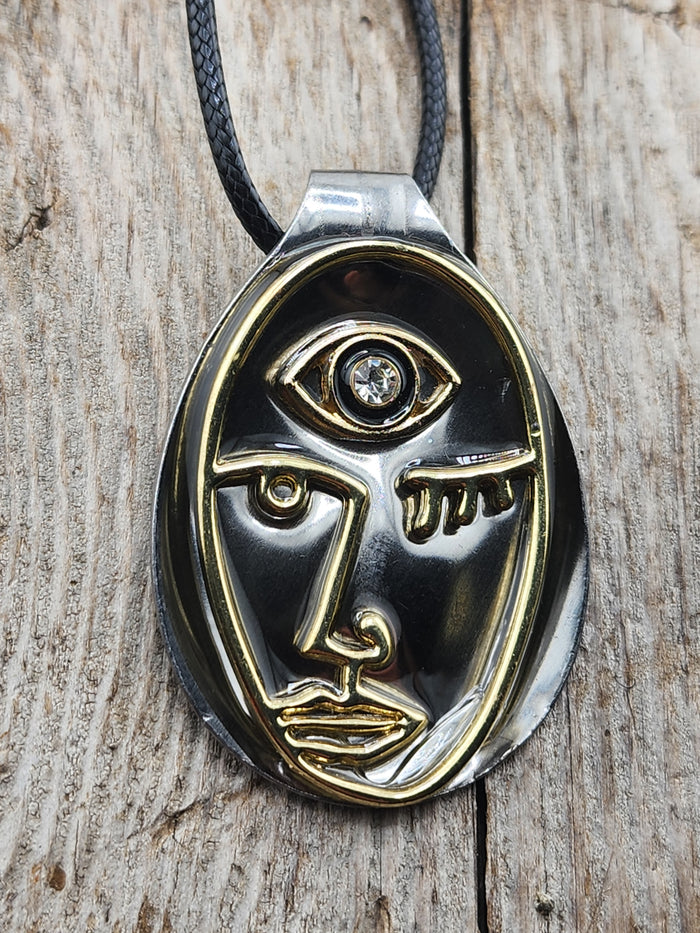 18in Adjustable Abstract Face Pendant Necklace in Silver and Gold Tone