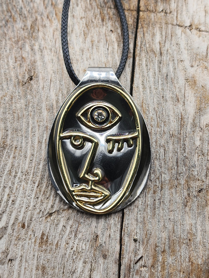 18in Adjustable Abstract Face Pendant Necklace in Silver and Gold Tone