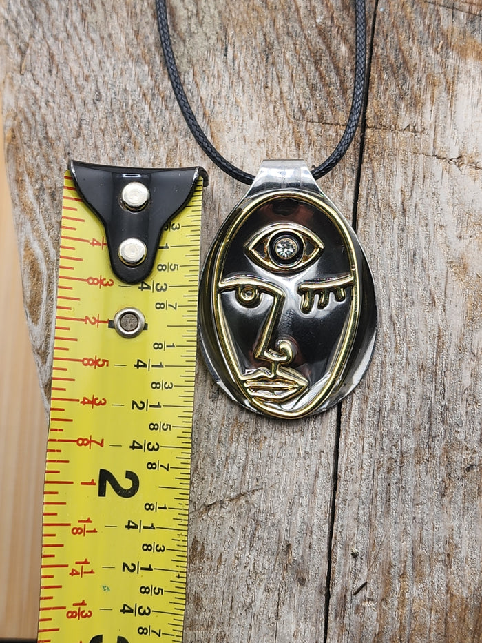 18in Adjustable Abstract Face Pendant Necklace in Silver and Gold Tone