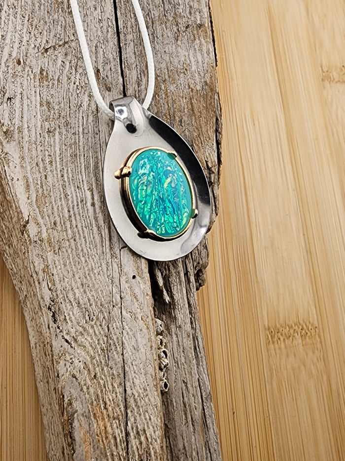 18in Adjustable Artisan Silver Tone Pendant Necklace with Turquoise Opal Accent