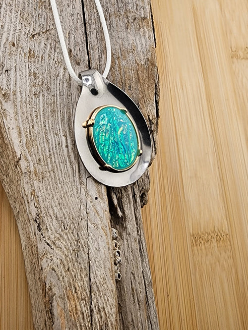 18in Adjustable Artisan Silver Tone Pendant Necklace with Turquoise Opal Accent