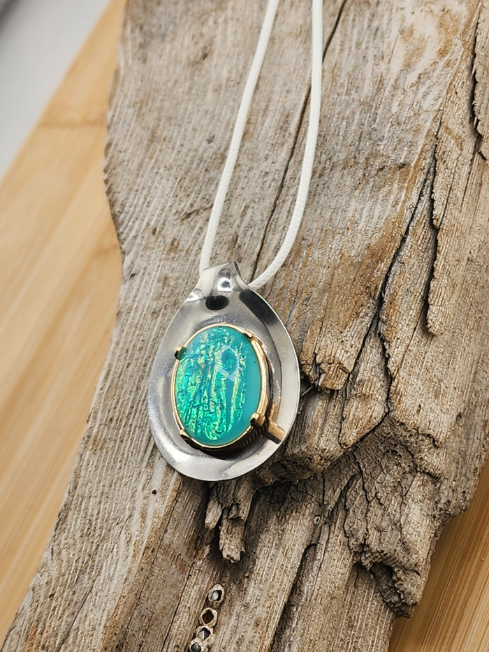 18in Adjustable Artisan Silver Tone Pendant Necklace with Turquoise Opal Accent