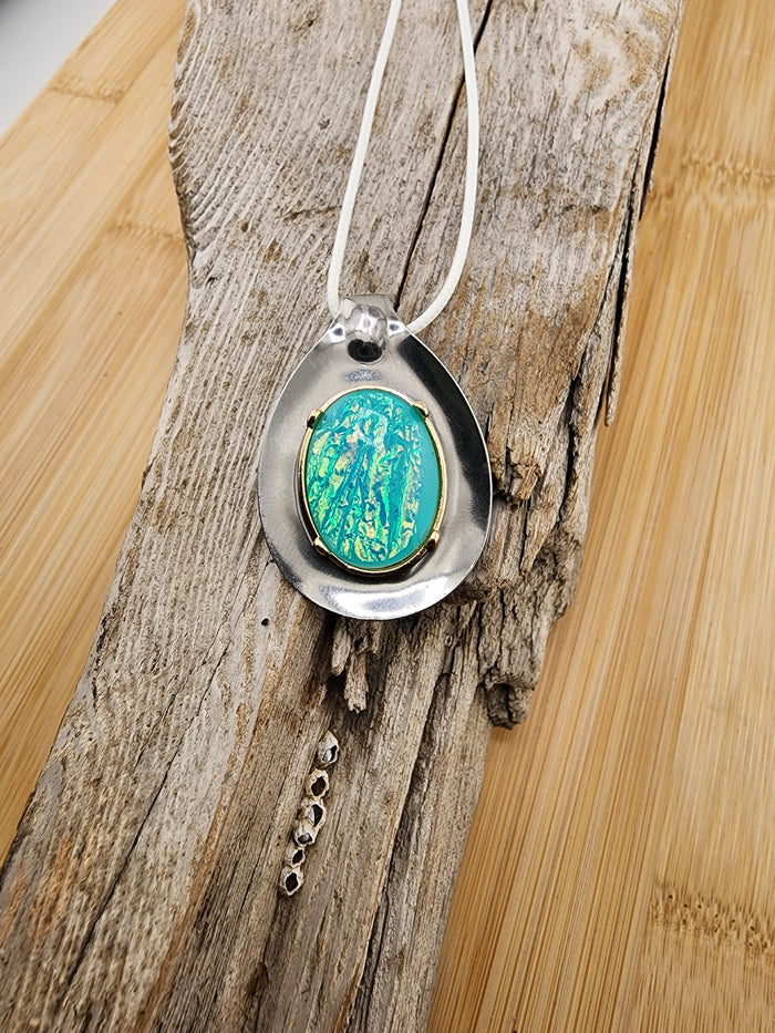 18in Adjustable Artisan Silver Tone Pendant Necklace with Turquoise Opal Accent