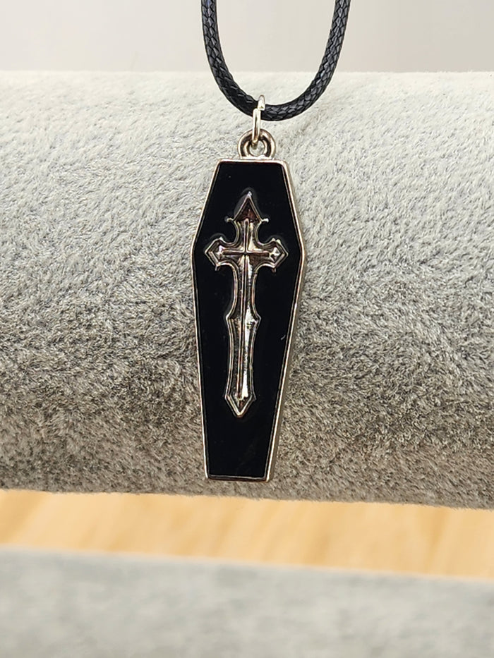 18in Adjustable Black Coffin Cross Pendant Necklace - Mens Jewelry