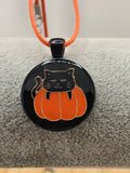 18in Adjustable Black & Orange Cat Pumpkin Necklace - Halloween Jewelry