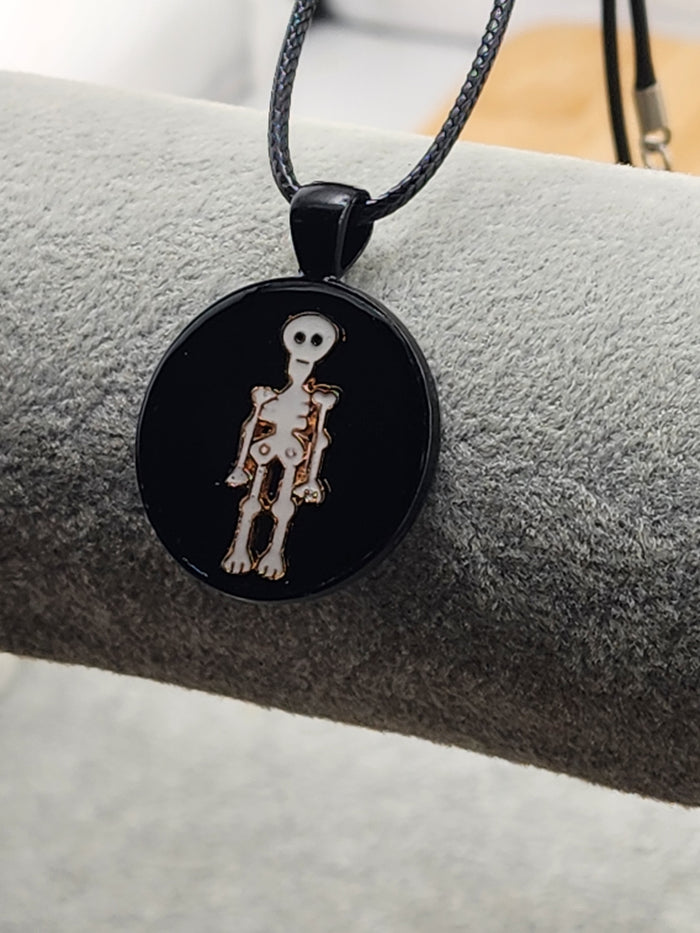 18in Adjustable Black Pendant Necklace with White Skeleton  - Halloween  Jewelry