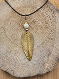 18in Adjustable Boho Gold Tone Leaf Pendant Necklace - White Bead Accent