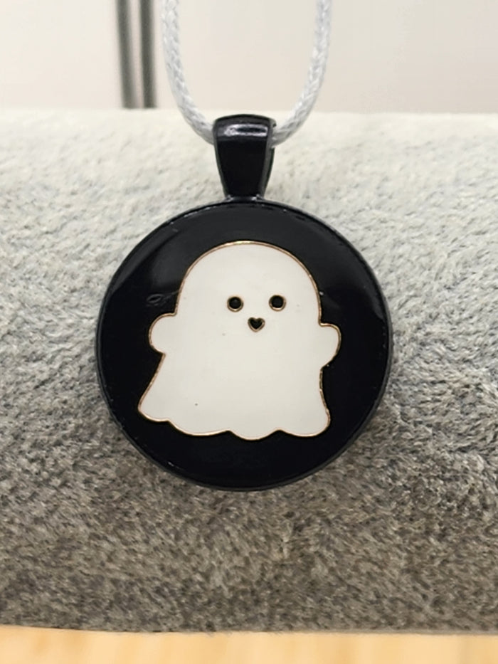 18in Adjustable Ghost Enamel Pendant Necklace Black and White Halloween Jewelry