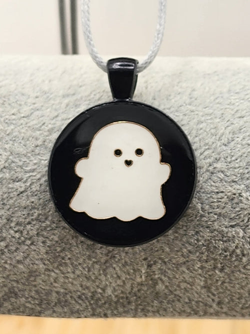 18in Adjustable Ghost Enamel Pendant Necklace Black and White Halloween Jewelry