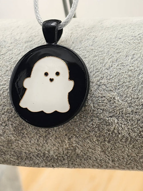 18in Adjustable Ghost Enamel Pendant Necklace Black and White Halloween Jewelry