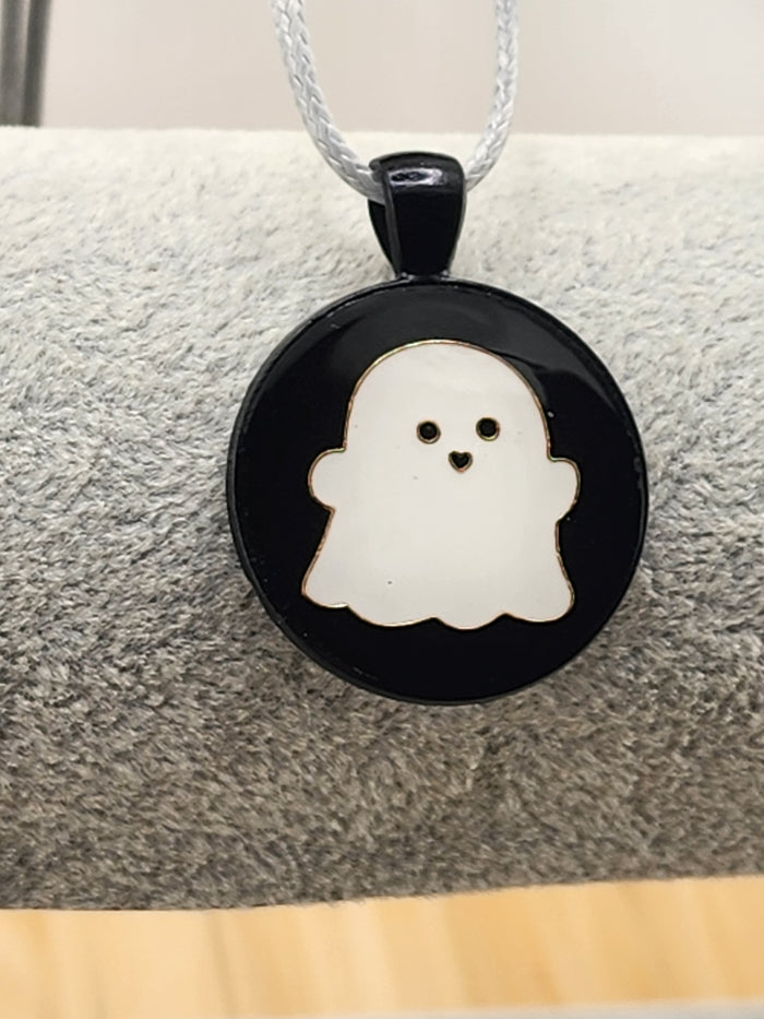 18in Adjustable Ghost Enamel Pendant Necklace Black and White Halloween Jewelry