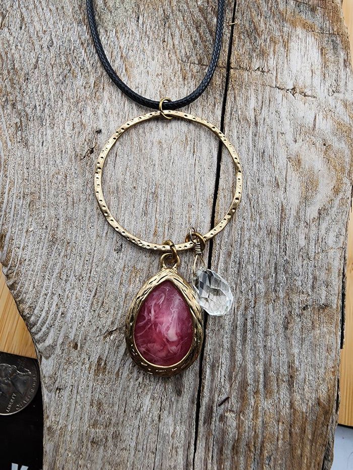 18in Adjustable Gold Hoop Necklace with Pink Teardrop Stone and Clear Crystal