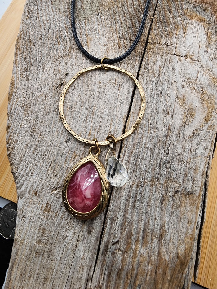 18in Adjustable Gold Hoop Necklace with Pink Teardrop Stone and Clear Crystal