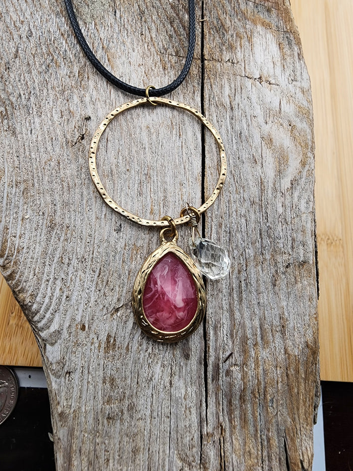 18in Adjustable Gold Hoop Necklace with Pink Teardrop Stone and Clear Crystal