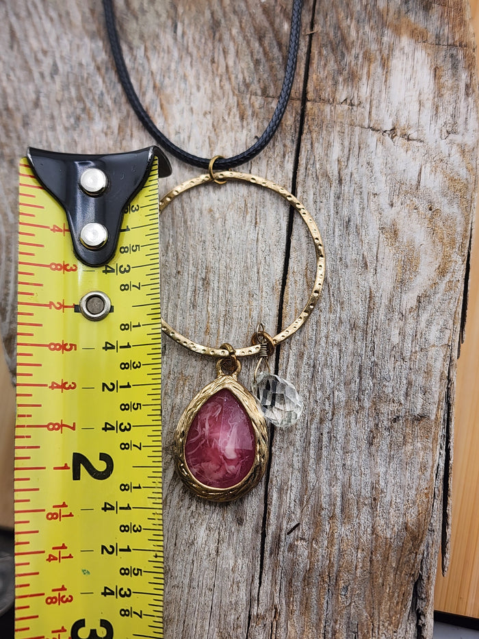 18in Adjustable Gold Hoop Necklace with Pink Teardrop Stone and Clear Crystal