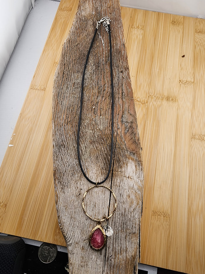 18in Adjustable Gold Hoop Necklace with Pink Teardrop Stone and Clear Crystal