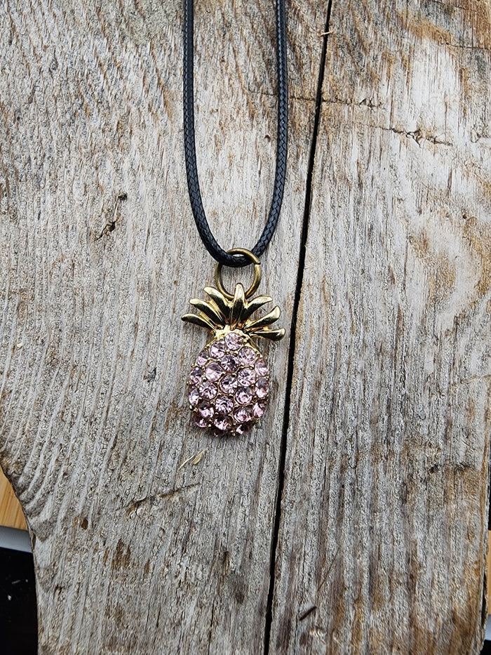 18in Adjustable Golden Pineapple Pendant Necklace with Pink Crystals