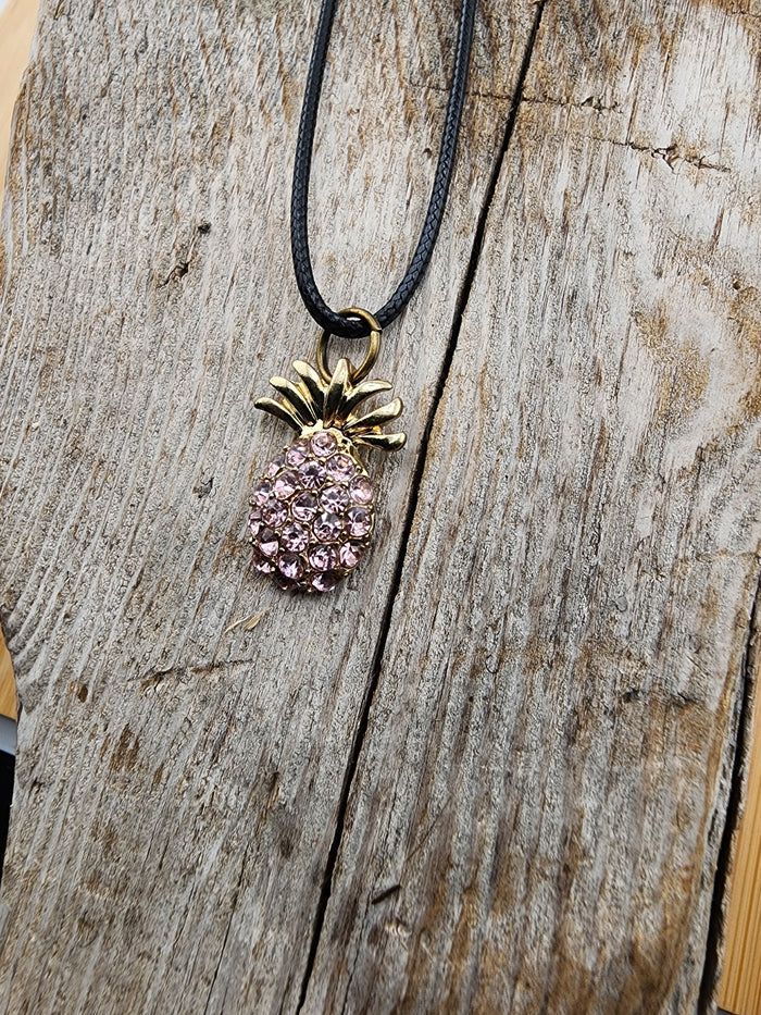 18in Adjustable Golden Pineapple Pendant Necklace with Pink Crystals