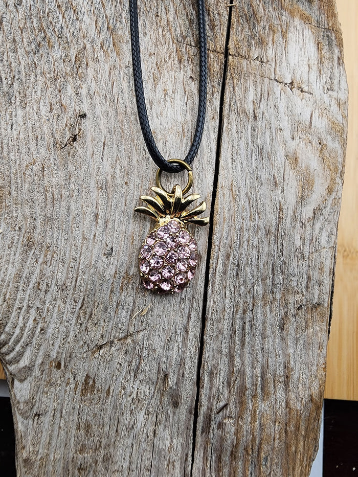 18in Adjustable Golden Pineapple Pendant Necklace with Pink Crystals