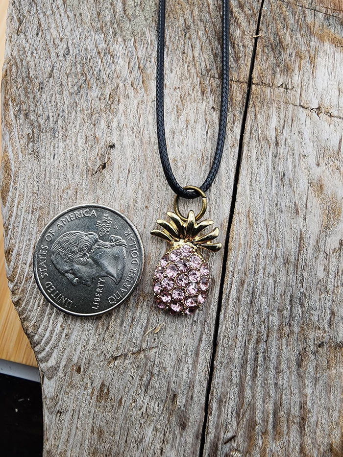 18in Adjustable Golden Pineapple Pendant Necklace with Pink Crystals