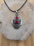 18in Adjustable Silver Tome Filigree Pendant Necklace with Red Gemstones