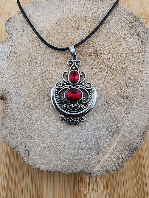 18in Adjustable Silver Tome Filigree Pendant Necklace with Red Gemstones