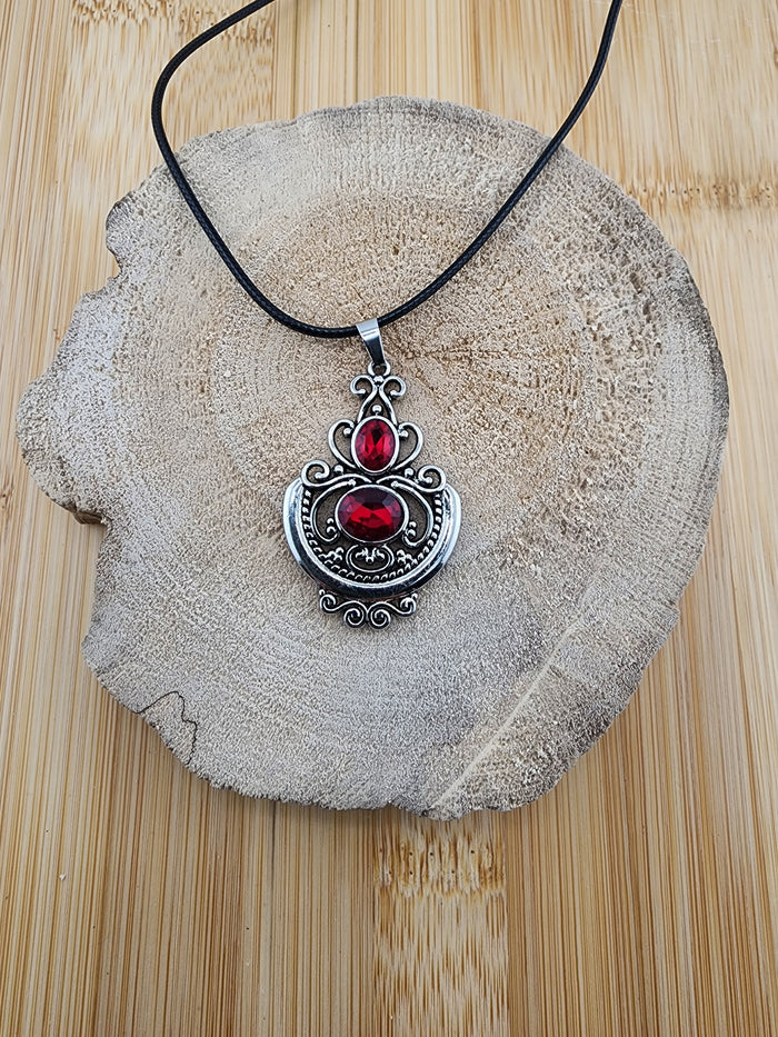 18in Adjustable Silver Tome Filigree Pendant Necklace with Red Gemstones