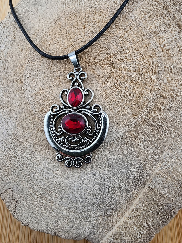 18in Adjustable Silver Tome Filigree Pendant Necklace with Red Gemstones