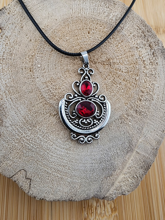 18in Adjustable Silver Tome Filigree Pendant Necklace with Red Gemstones