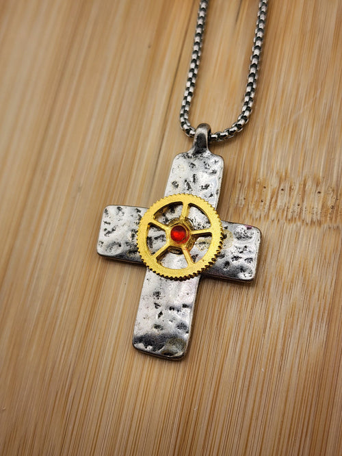 18in Adjustable Silver Tone Cross Necklace with Gold Gear Accent - steampunk