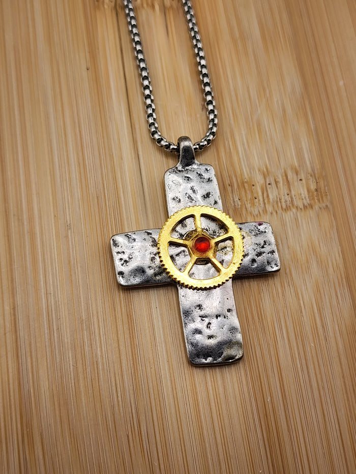 18in Adjustable Silver Tone Cross Necklace with Gold Gear Accent - steampunk