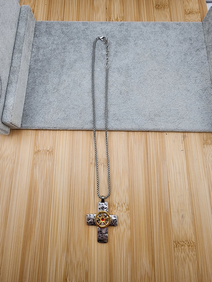 18in Adjustable Silver Tone Cross Necklace with Gold Gear Accent - steampunk