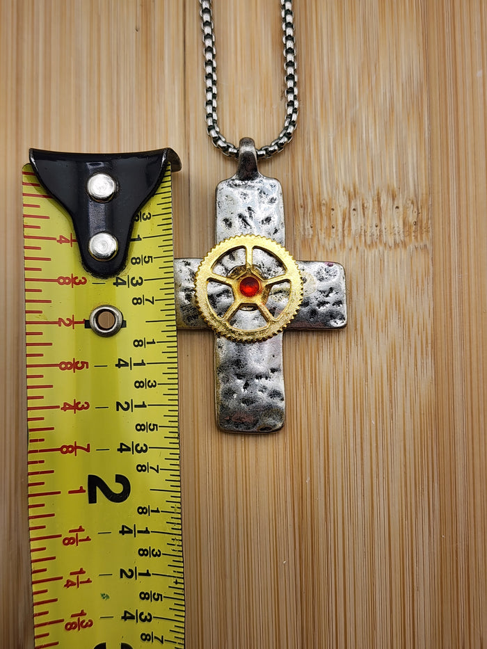18in Adjustable Silver Tone Cross Necklace with Gold Gear Accent - steampunk