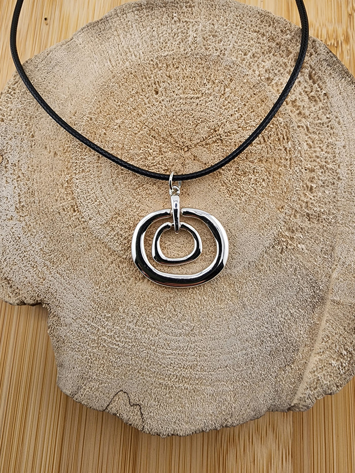 18in Adjustable Silver Tone Double Orbit Pendant Necklace - Black Cord