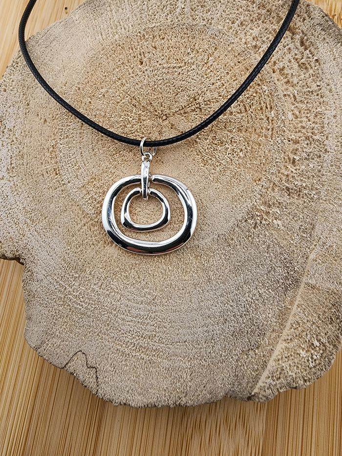 18in Adjustable Silver Tone Double Orbit Pendant Necklace - Black Cord