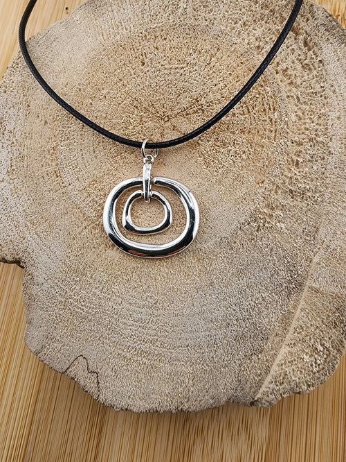 18in Adjustable Silver Tone Double Orbit Pendant Necklace - Black Cord