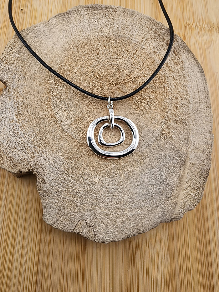 18in Adjustable Silver Tone Double Orbit Pendant Necklace - Black Cord