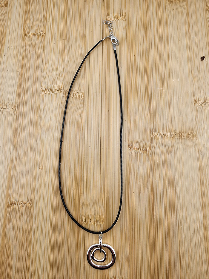 18in Adjustable Silver Tone Double Orbit Pendant Necklace - Black Cord