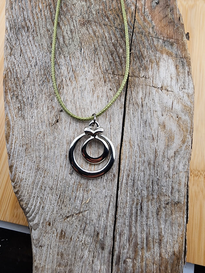 18in Adjustable Silver Tone  Double Ring Pendant Necklace - Olive Cord