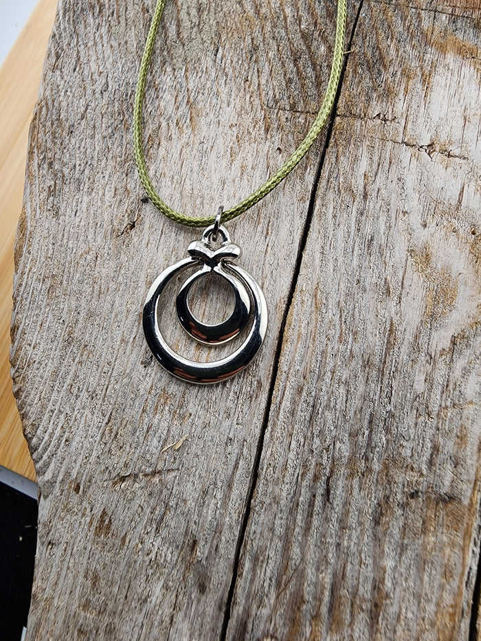 18in Adjustable Silver Tone  Double Ring Pendant Necklace - Olive Cord