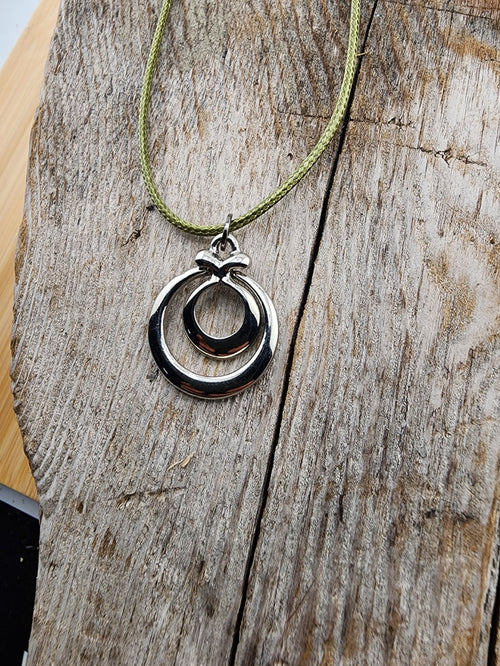 18in Adjustable Silver Tone  Double Ring Pendant Necklace - Olive Cord