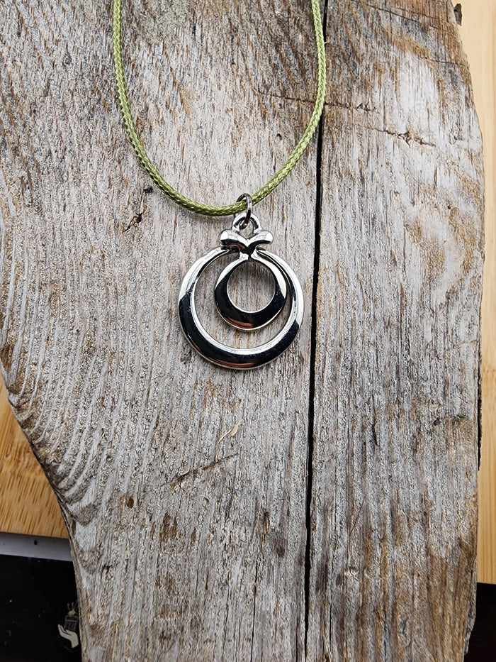 18in Adjustable Silver Tone  Double Ring Pendant Necklace - Olive Cord