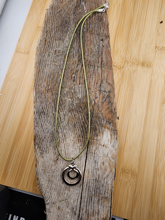 18in Adjustable Silver Tone  Double Ring Pendant Necklace - Olive Cord